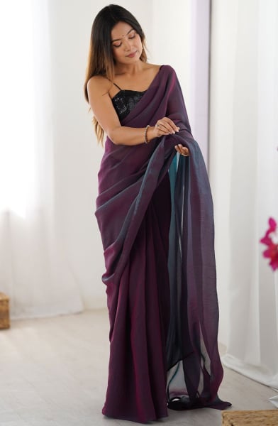 Burgundy Ready to Wear Saree with Sequined Blouse