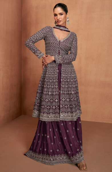 Burgundy Real Chinon Palazzo Kameez Suit