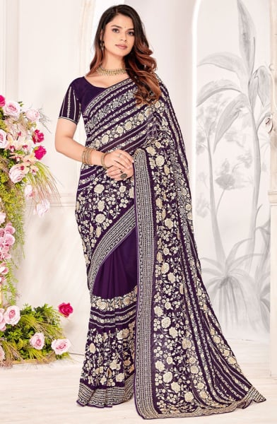 Burgundy Resham Embroidered Georgette Saree