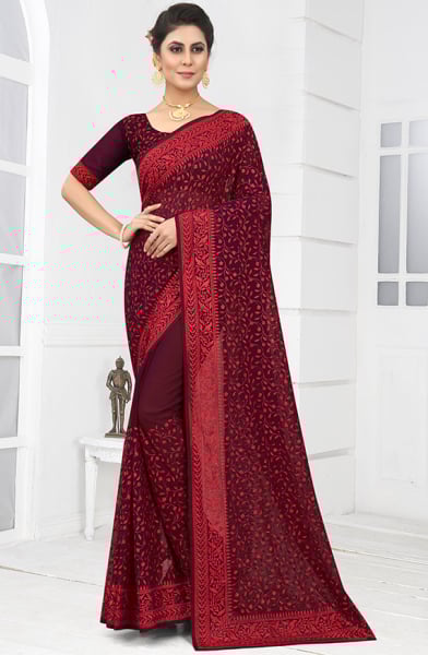 Burgundy Resham Embroidrered Georgette Saree