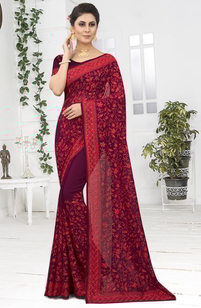 Burgundy Resham Embroidrered Georgette Saree