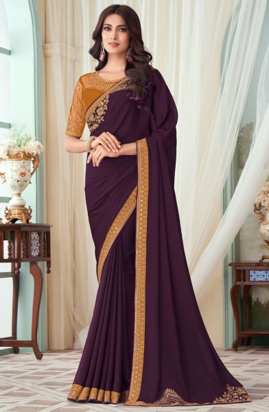 Burgundy Silk Saree with Embroidered Blouse