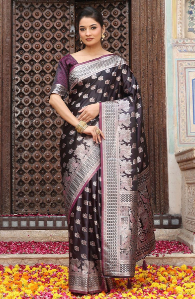 Burgundy Silk Saree with Jacquard Weaving