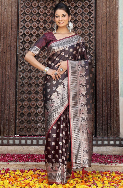 Burgundy Silk Saree with Jacquard Weaving