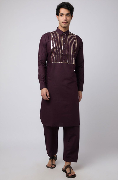 Burgundy Striped Cotton Pathani Kurta Set