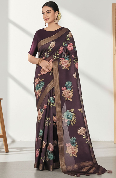 Burgundy Tussar Silk Saree for Ceremonial