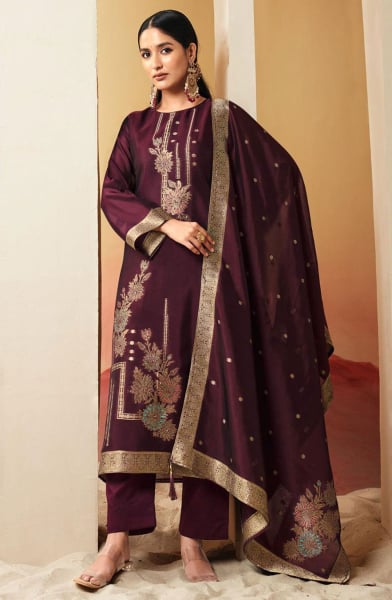 Burgundy Woven Pure Silk Pant Kameez