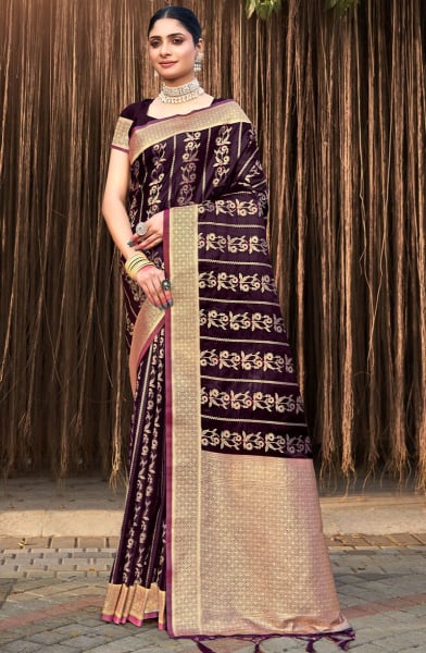 Burgundy Woven Satin Silk Saree