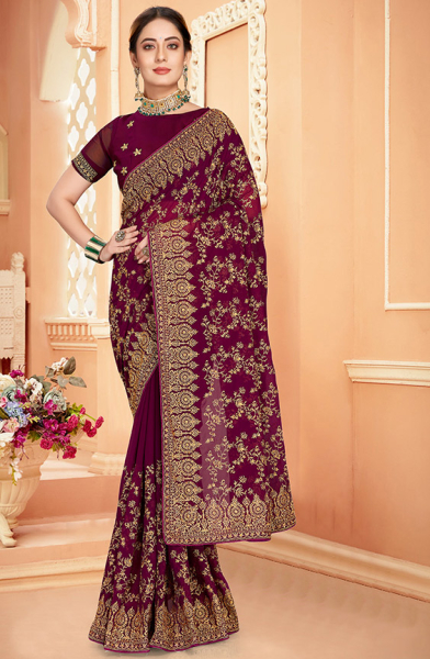 Burgundy Zari Embroidered Georgette Saree