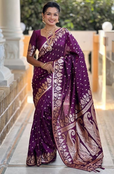 Burgundy Zari Woven Banarasi Silk Saree