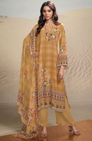 Camel Brown Digital Print Crepe Palazzo Kameez