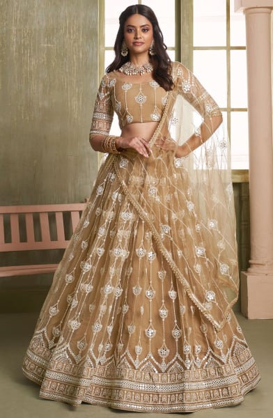 Camel Brown Embroidered Net Lehenga Choli for Wedding