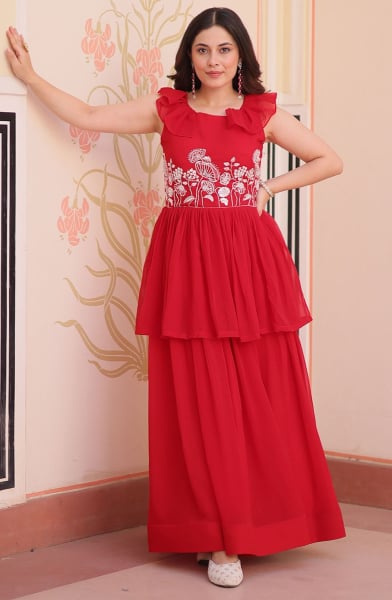 Candy Red Beads Embroidered Faux Georgette Gown