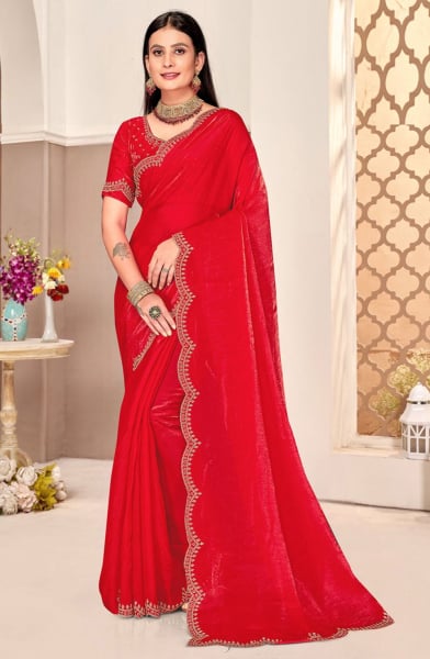 Candy Red Embellished Fendi Satin Silk Saree