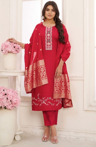 Candy Red Embroidered Viscose Silk Readymade Suit