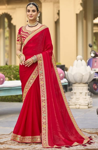 Candy Red Georgette Saree with Embroidered Blouse