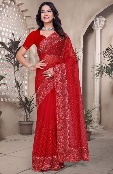Candy Red Resham Embroidered Net Saree