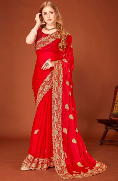 Candy Red Zari Embroidered Fendi Silk Saree