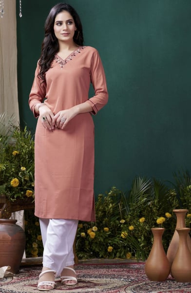 Cantaloupe Embroidered Cotton Kurti with Bottom