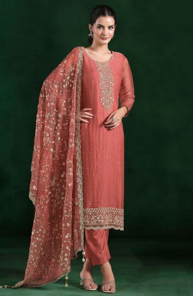 Cantaloupe Embroidered Crinkle Chiffon Pant Kameez