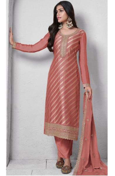 Cantaloupe Embroidered Lotus Silk Pant Kameez