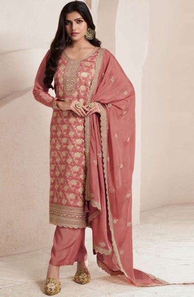 Cantaloupe Embroidered Viscose Jacquard Silk Pant Kameez