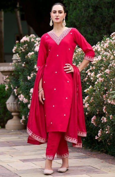 Carmine Red Silk Blend Readymade Pant Kameez