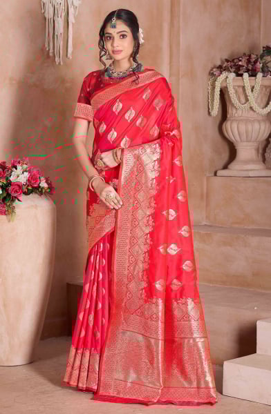 Carmine Red Zari Woven Soft Silk Saree