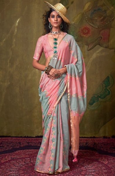 Carnation Pink and Grey Pure Spun Rangkaat Weaving Saree