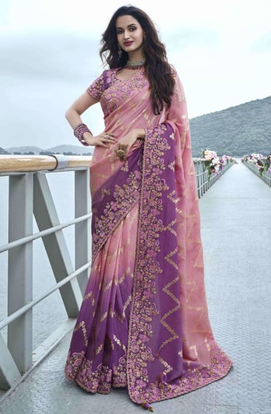 Carnation Pink and Purple Embroidered Viscose Silk Designer Saree