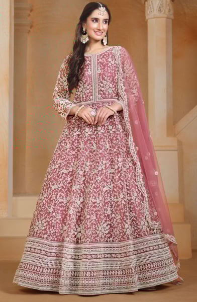 Carnation Pink Chain Stitch Embroidered Net Anarkali Suit