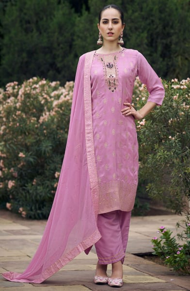 Carnation Pink Embellished Viscose Rayon Readymade Suit