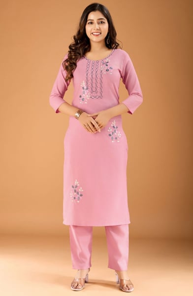 Carnation Pink Embroidered Cotton Kurti with Pant