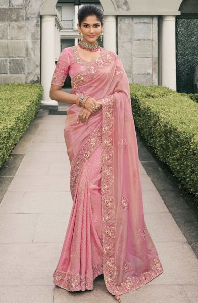 Carnation Pink Embroidered Designer Tissue Silk Saree