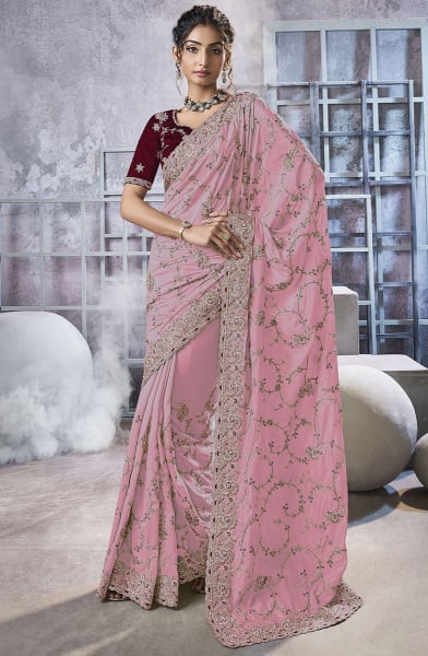 Carnation Pink Embroidered Georgette Designer Saree