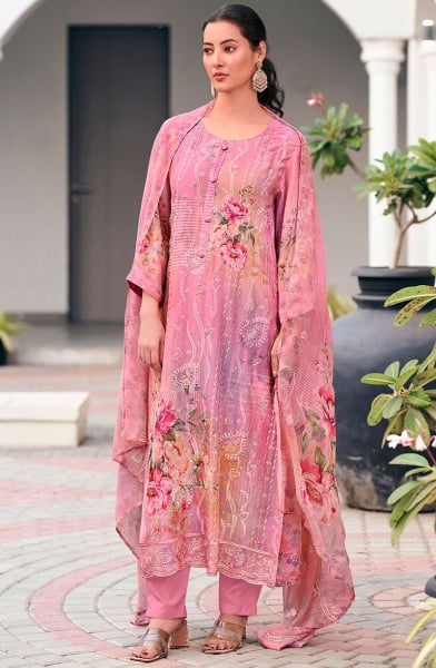 Carnation Pink Embroidered Georgette Pant Kameez