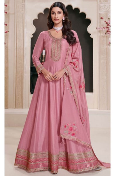 Carnation Pink Embroidered Moonga Silk Anarkali Dress