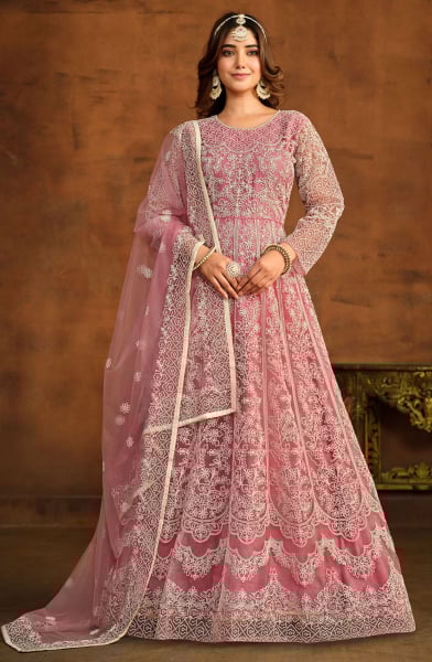 Carnation Pink Embroidered Net Anarkali Dress