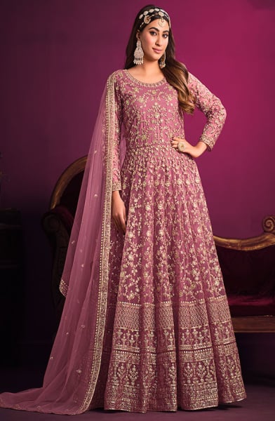 Carnation Pink Embroidered Net Anarkali Suit