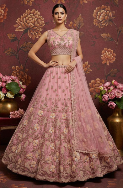 Carnation Pink Embroidered Net Bridal Lehenga Choli