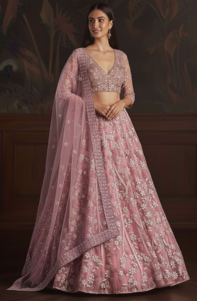 Carnation Pink Embroidered Net Bridal Lehenga Choli