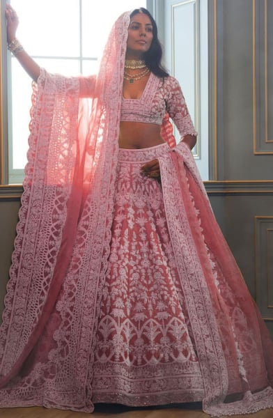 Carnation Pink Embroidered Net Designer Lehenga Choli
