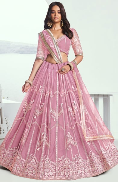 Carnation Pink Embroidered Net Lehenga Choli for Wedding