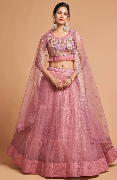 Carnation Pink Embroidered Net Lehenga Choli for Wedding