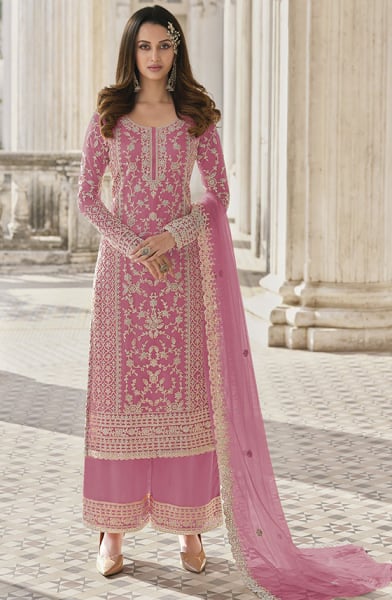 Carnation Pink Embroidered Net Palazzo Kameez