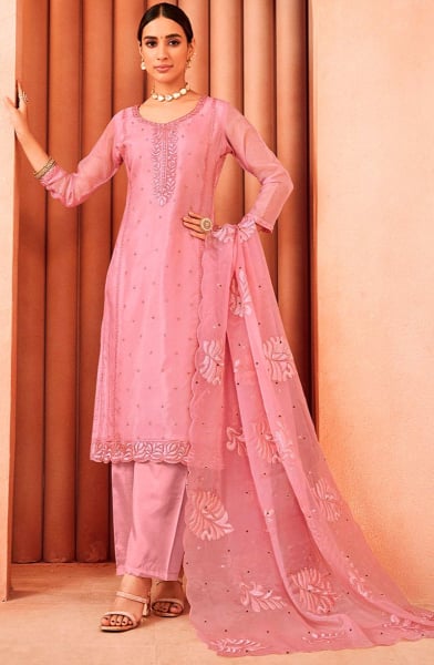 Carnation Pink Embroidered Organza Pant Kameez