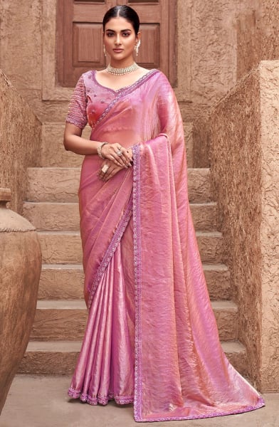 Carnation Pink Embroidered Satin Silk Designer Saree