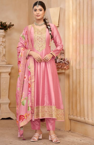 Carnation Pink Embroidered Silk Anarkali Dress for Festival