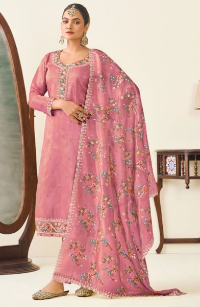 Carnation Pink Embroidered Silk Pant Kameez