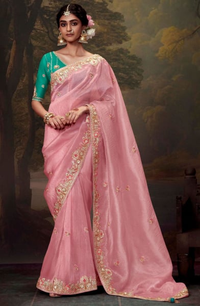 Carnation Pink Embroidered Tissue Organza Saree